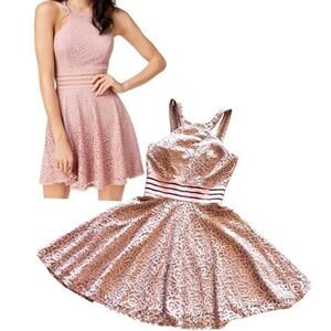 City Studio DRESS Womens 1 Blush Pink Lace Zip Halter Mini Fit Flare Mob Wife